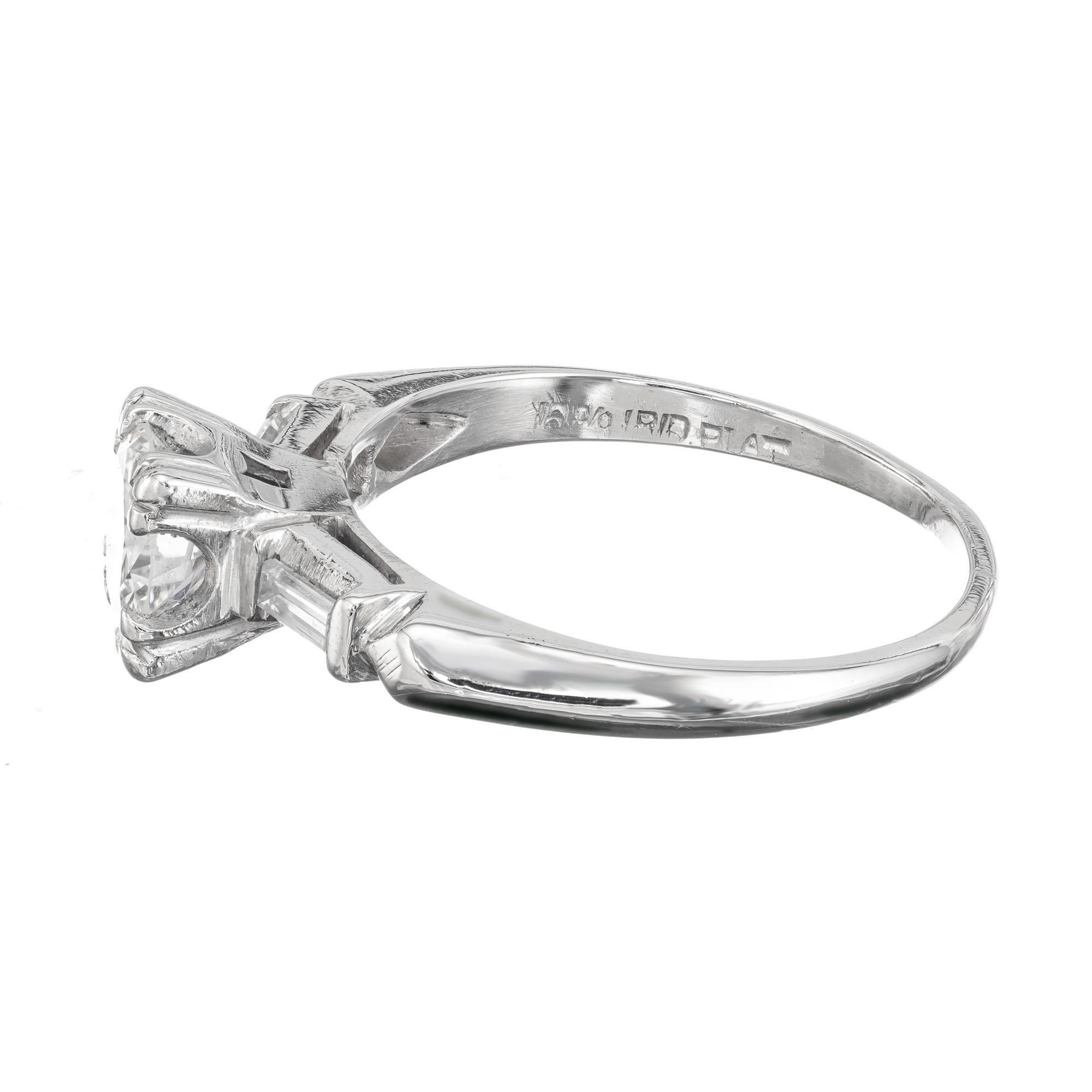 Round Cut EGL Certified .86 Carat Diamond Three-Stone Art Deco Platinum Engagement Ring For Sale