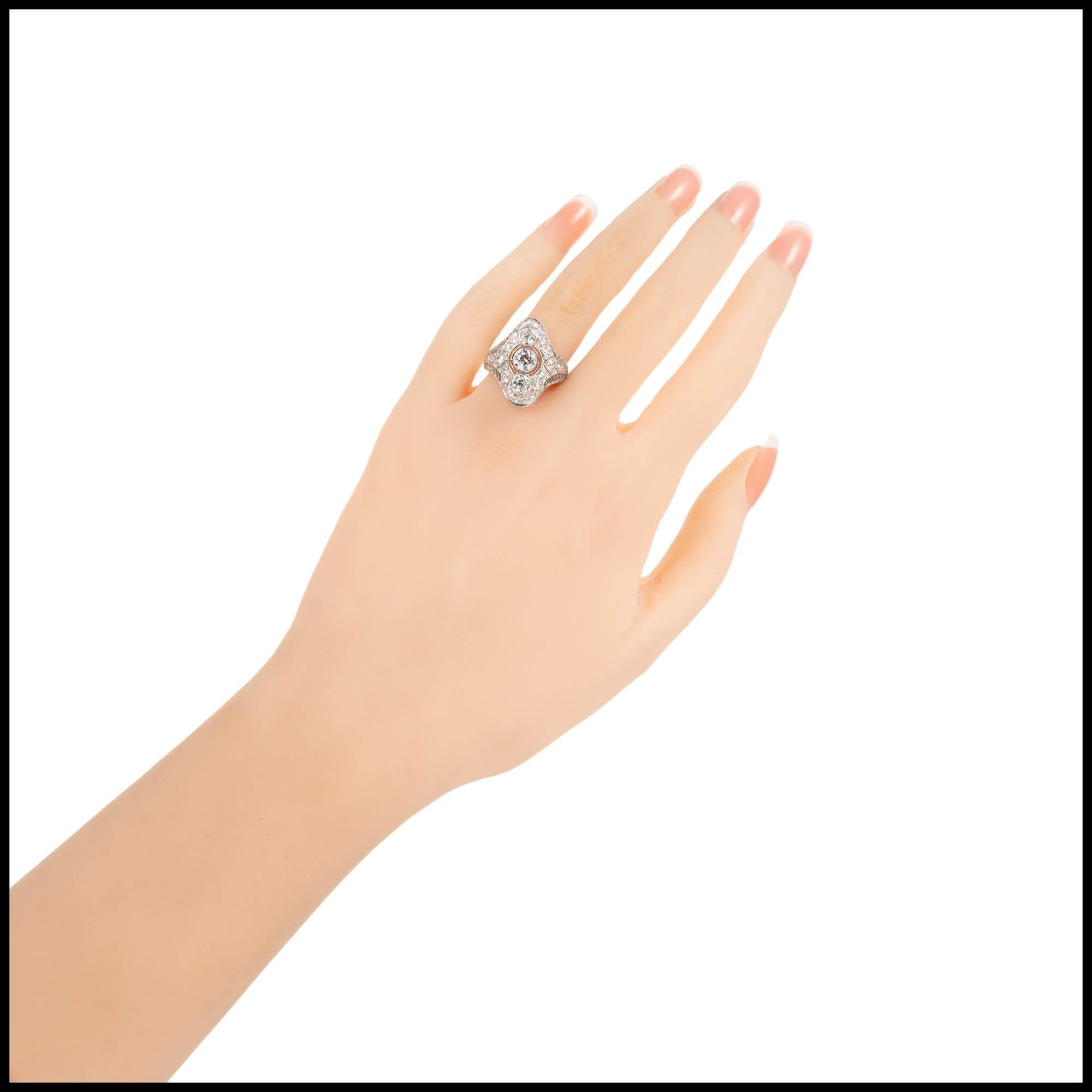Old European Cut EGL Certified .86 Carat Diamond Three-Stone Edwardian Platinum Dome Ring For Sale