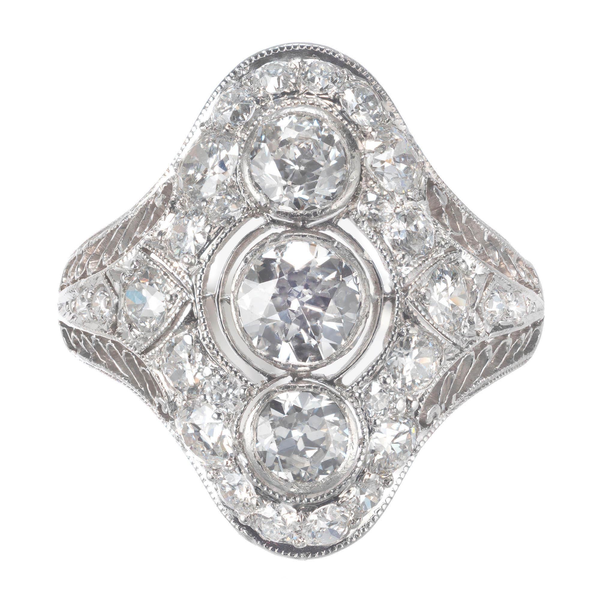EGL Certified .86 Carat Diamond Three-Stone Edwardian Platinum Dome Ring For Sale