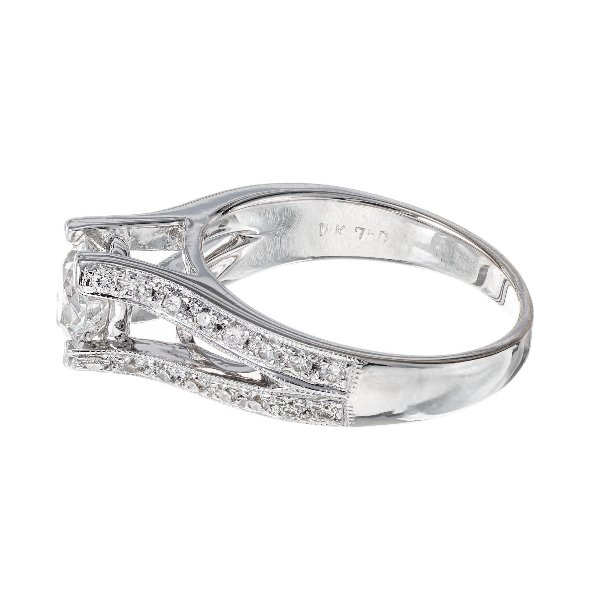 Round Cut EGL Certified .87 Carat Diamond White Gold Split Shank Engagement Ring For Sale