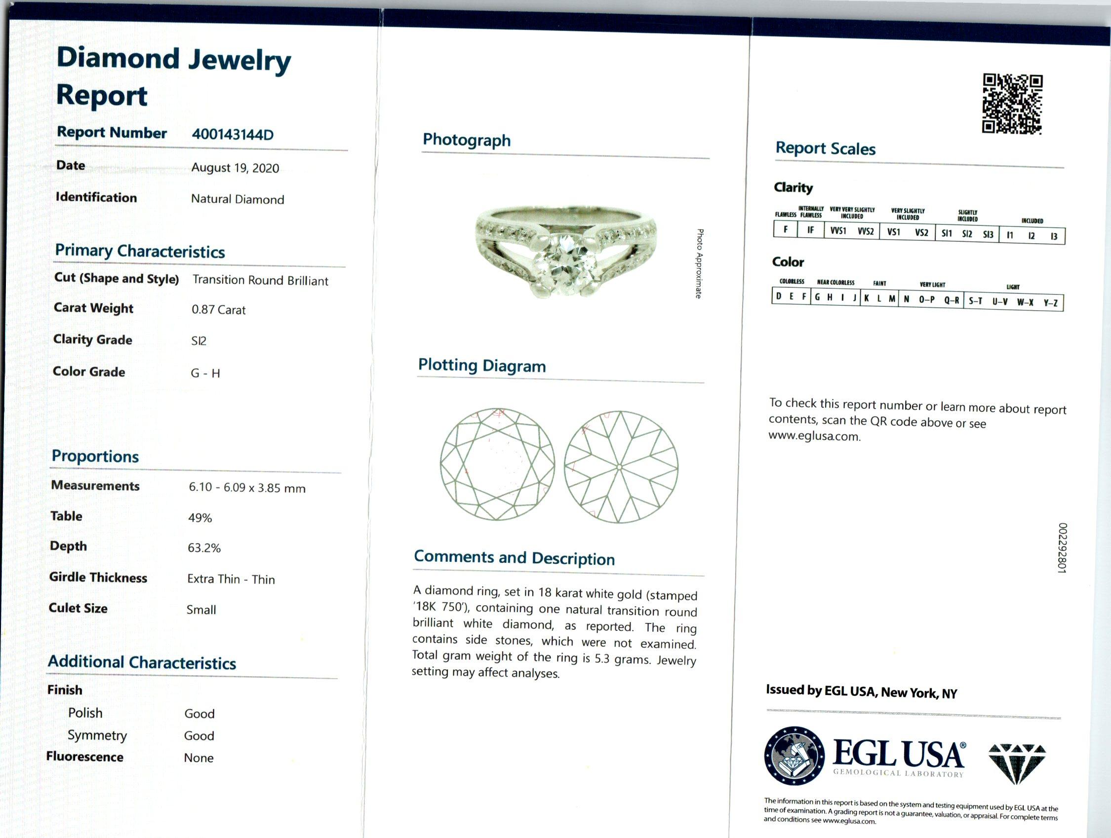 EGL Certified .87 Carat Diamond White Gold Split Shank Engagement Ring For Sale 2
