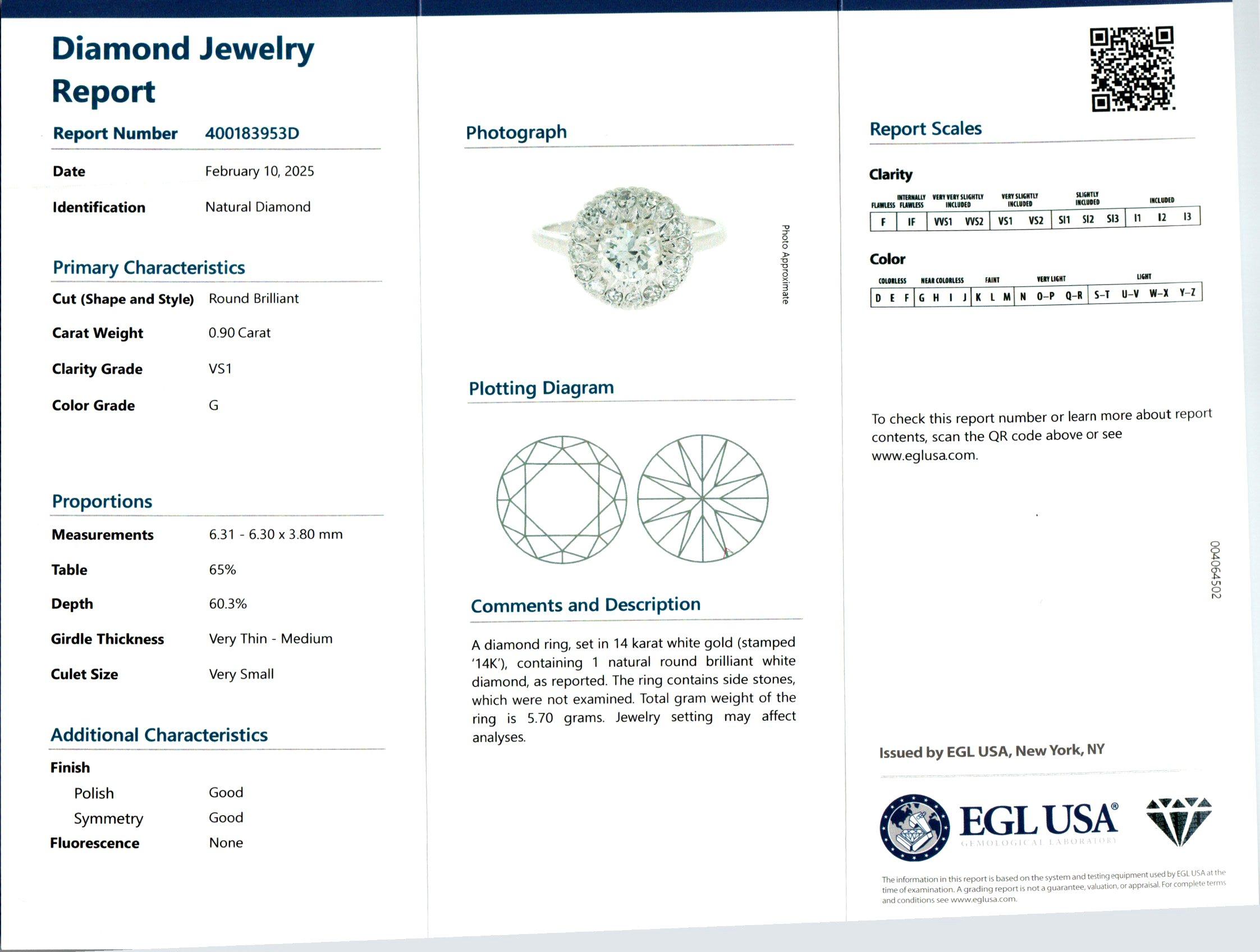 Bague de fiançailles en or blanc certifiée EGL et ornée d'un halo de diamants de 0,90 carat Bon état - En vente à Stamford, CT