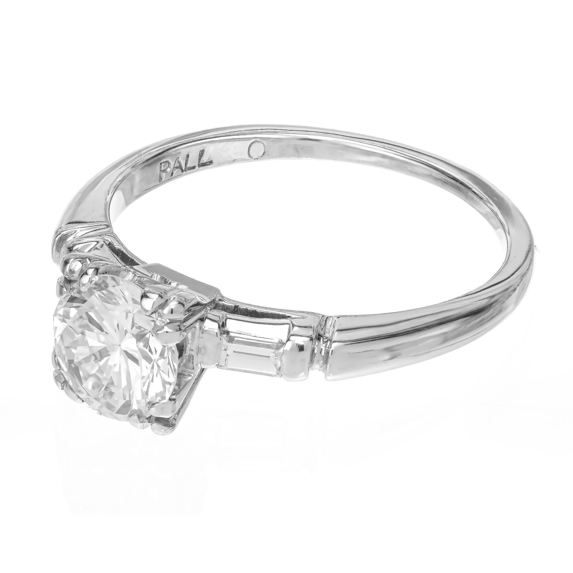 Round Cut EGL Certified .90 Carat Round Diamond Palladium Three-Stone Engagement Ring  For Sale