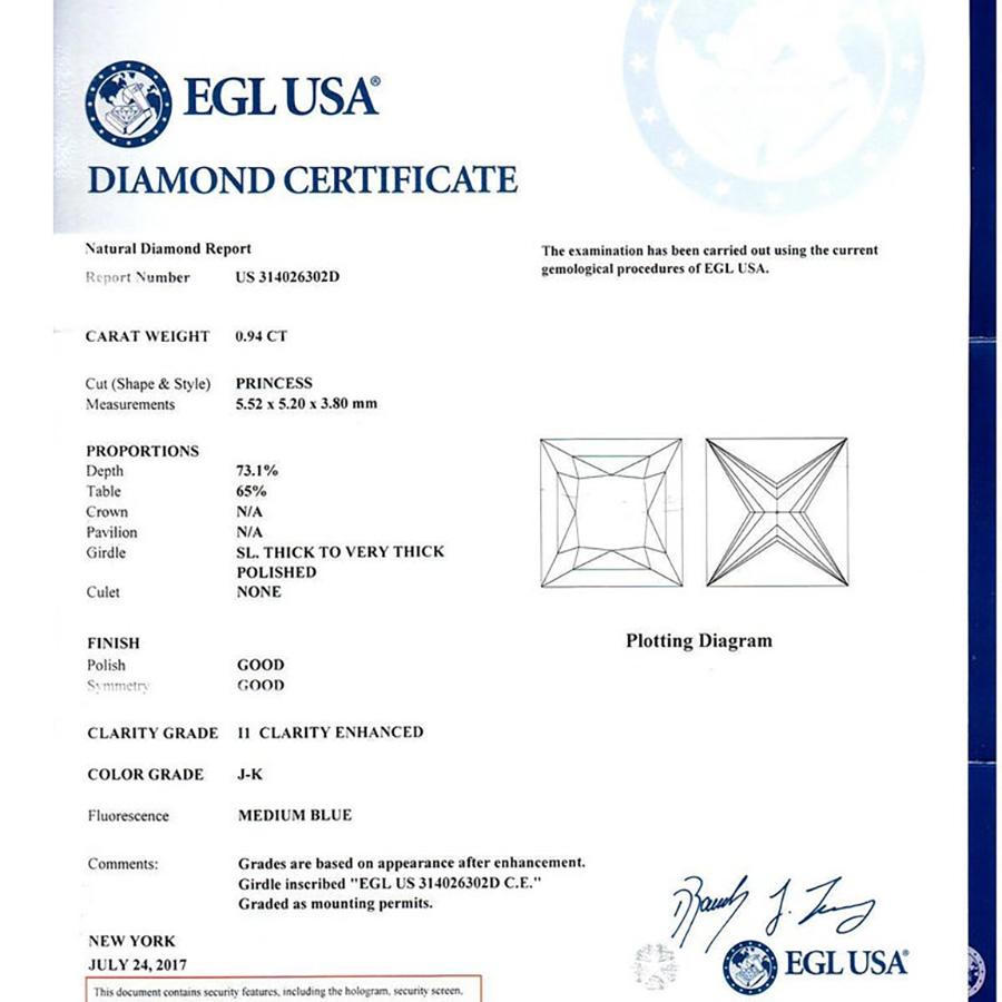 EGL-zertifizierter Verlobungsring, EGL-zertifizierter .94 Karat Diamant im Prinzessinnenschliff Solitär Gold im Zustand „Hervorragend“ im Angebot in Stamford, CT