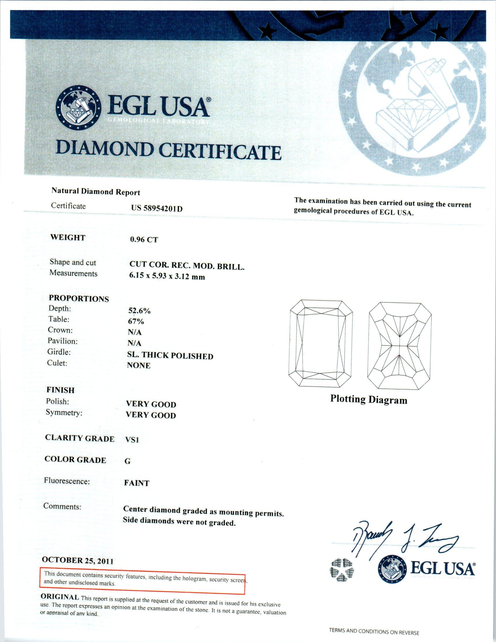 EGL Certified .96 Carat Radiant Cut Diamond Platinum Engagement Ring For Sale 1