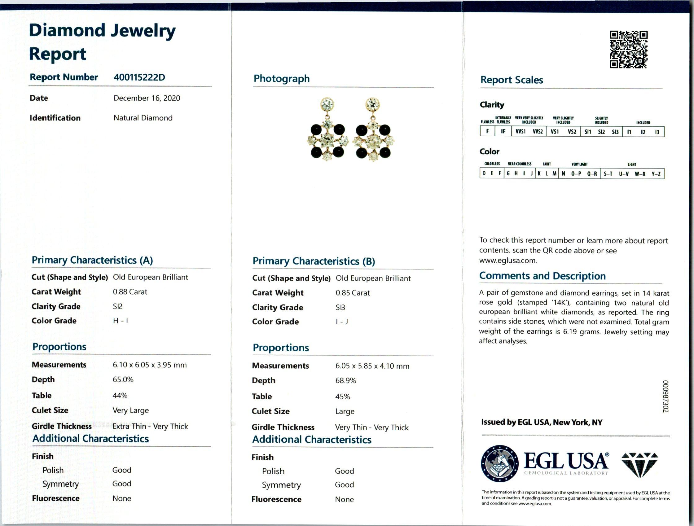 Old European Cut EGL Certified Diamond Onyx Rose Yellow Gold Dangle Earrings For Sale