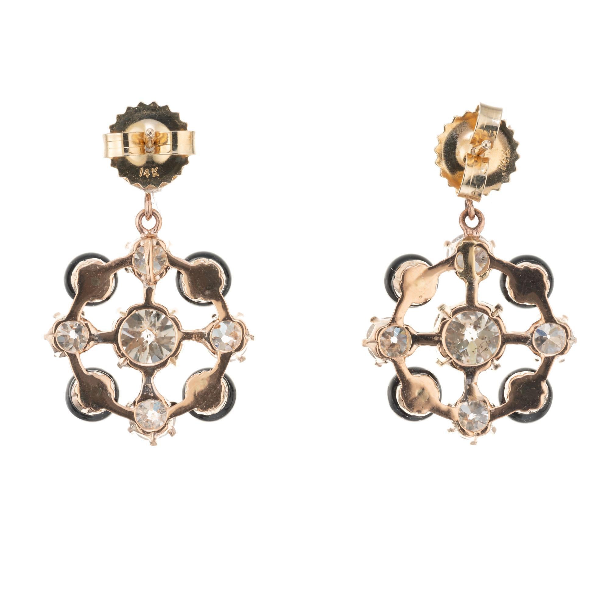 EGL Certified Diamond Onyx Rose Yellow Gold Dangle Earrings In Good Condition For Sale In Stamford, CT