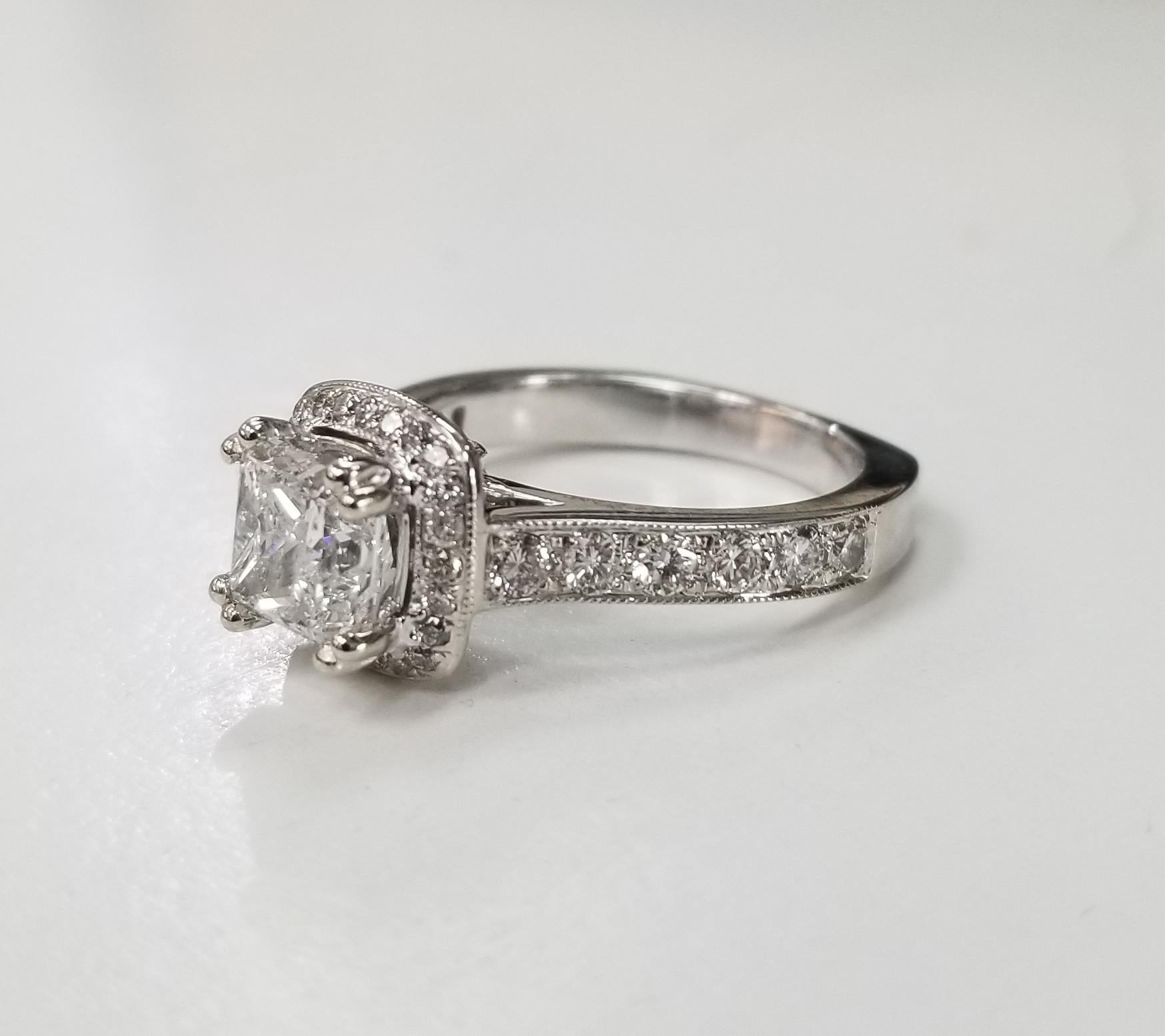 EGL Certified Diamond princess cut 1.51 D SI2 in halo ring, containing 1 princess cut diamond; color 