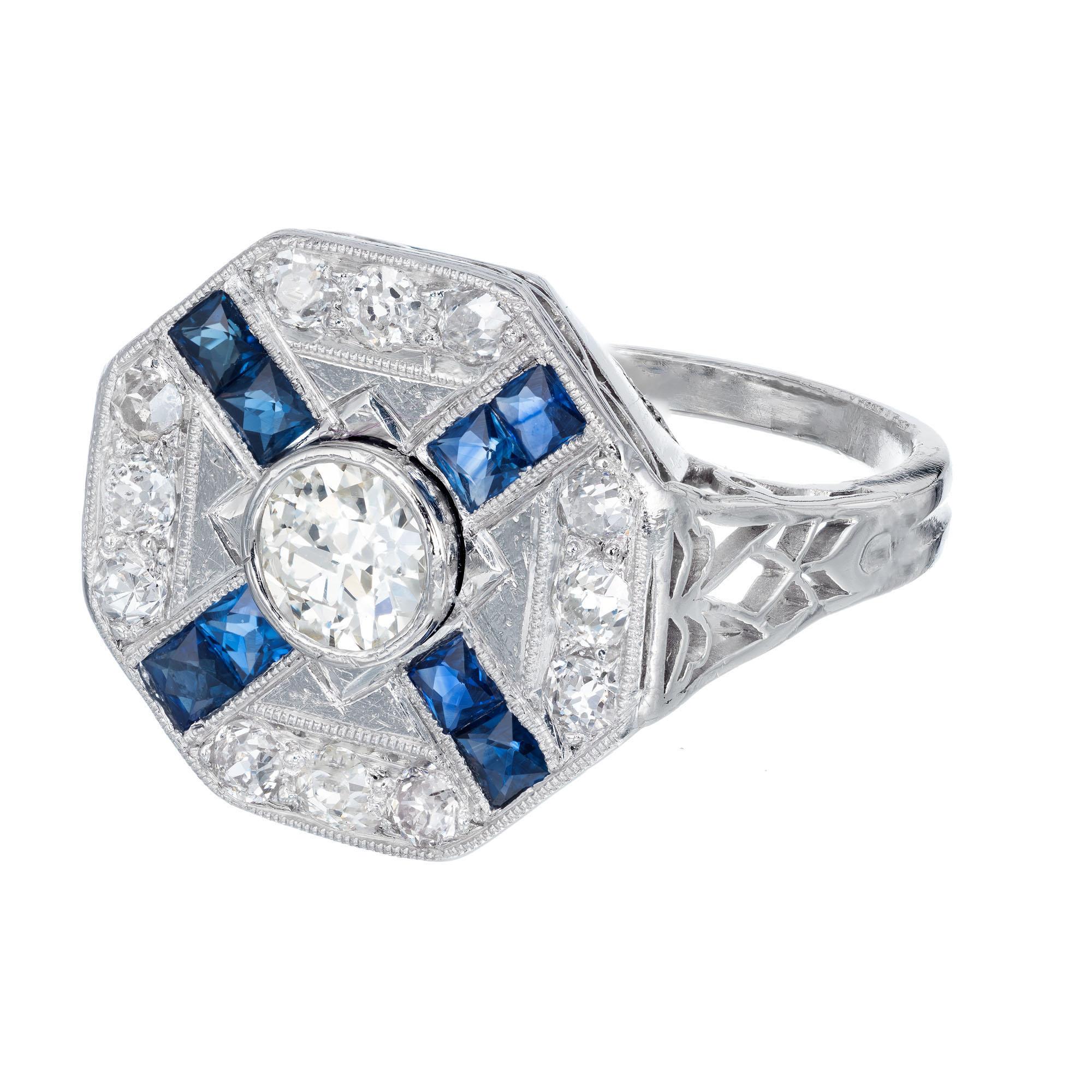 Old European Cut EGL Certified Diamond Sapphire Platinum Ring For Sale
