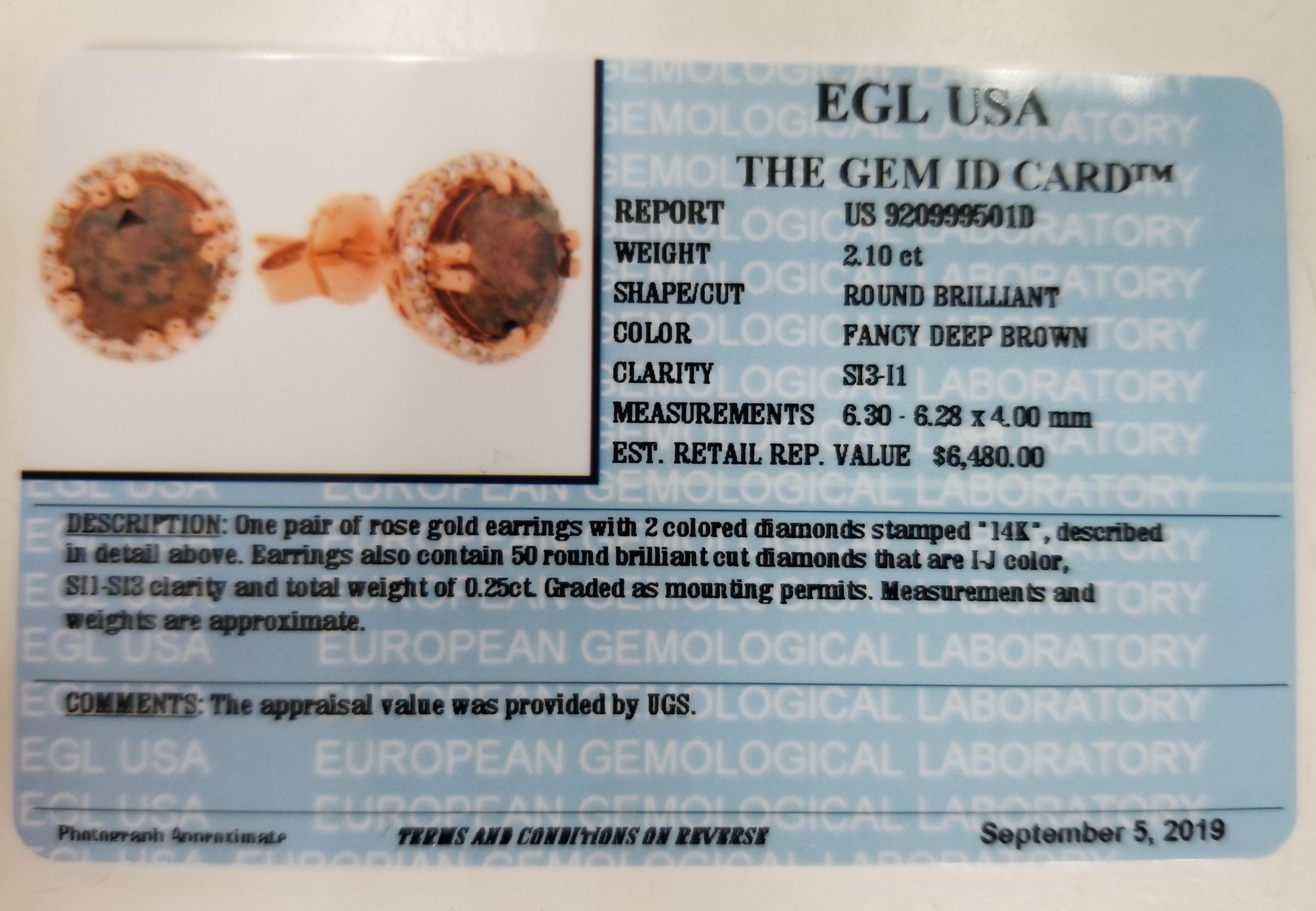 Diamanti Fancy Deep Brown certificati EGL da 2,10 carati incastonati in borchie a raggiera in oro 14 carati in vendita 5