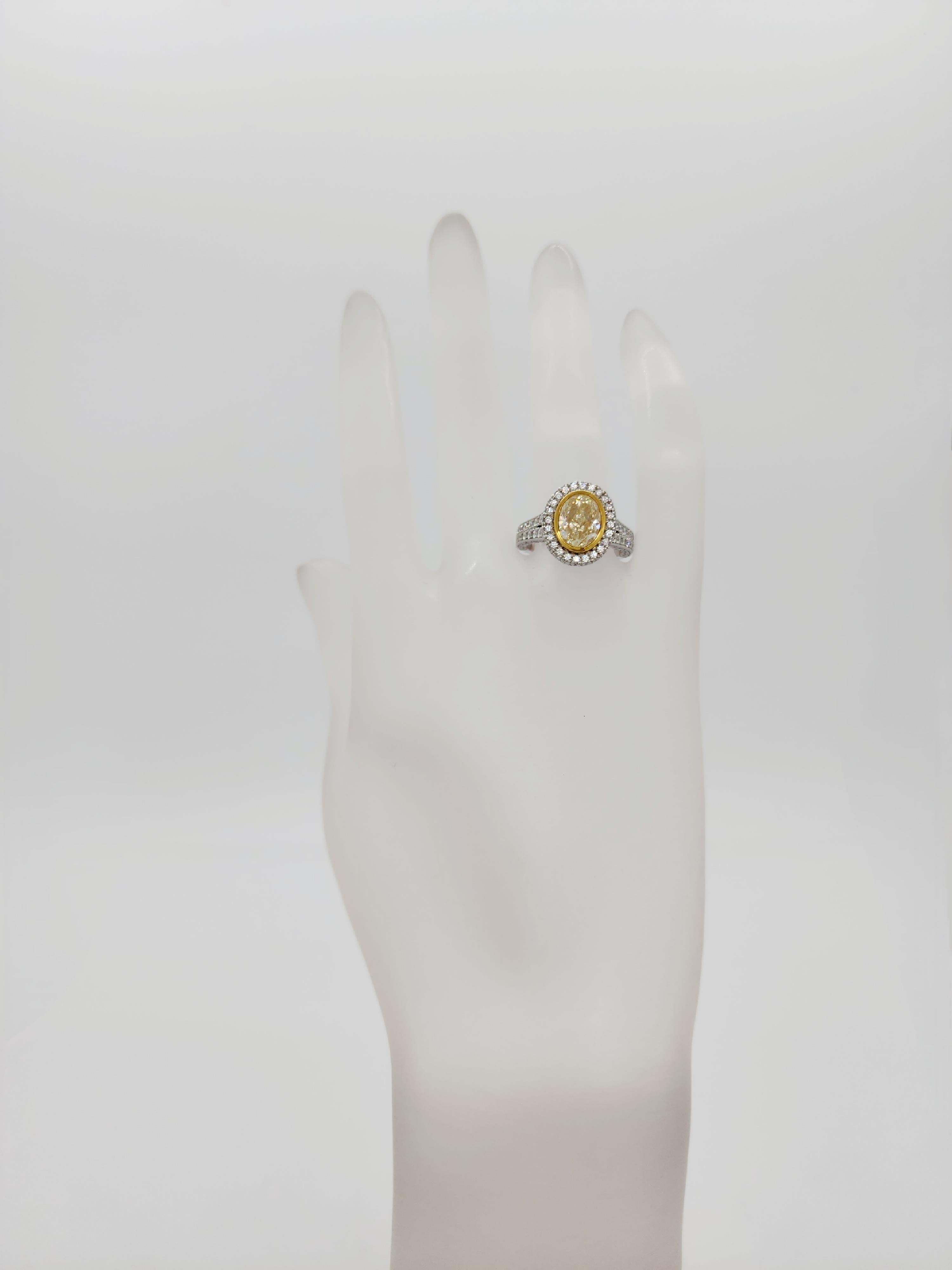 Oval Cut EGL Certified Fancy Yellow Diamond Oval Ring in 18k Two Tone Gold For Sale