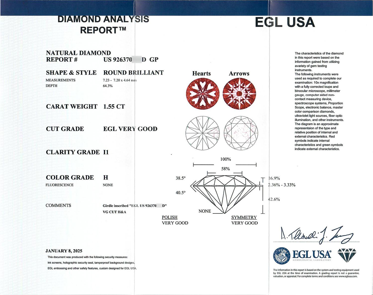 EGL Certified Hearts & Arrows Natural Diamond Engagement Ring 1.55ct White Gold 2