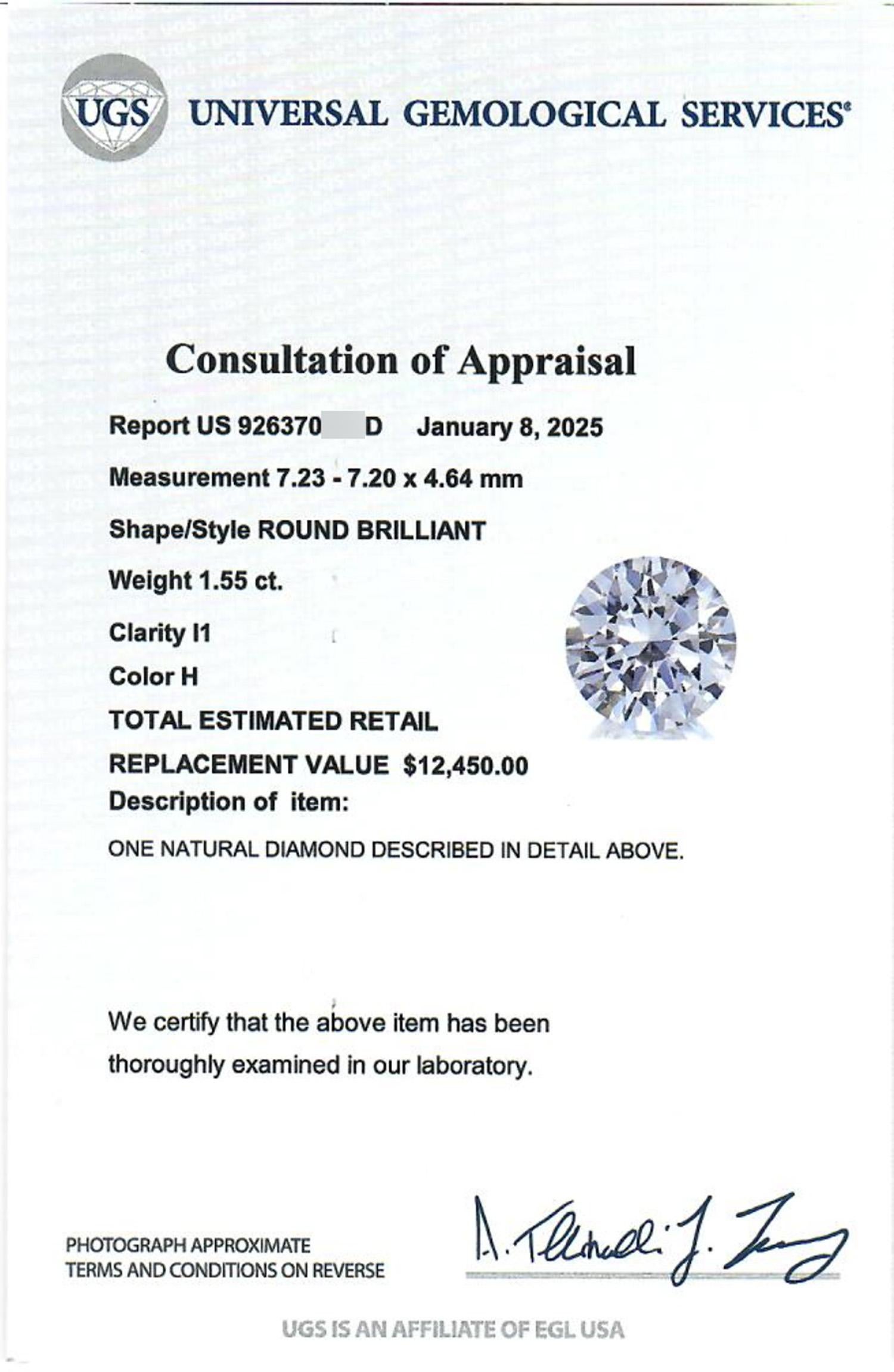 EGL Certified Hearts & Arrows Natural Diamond Engagement Ring 1.55ct White Gold 3