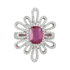 EGL Certified No Heat Ruby Cushion Diamond Art Deco Style Ring 14k White Gold