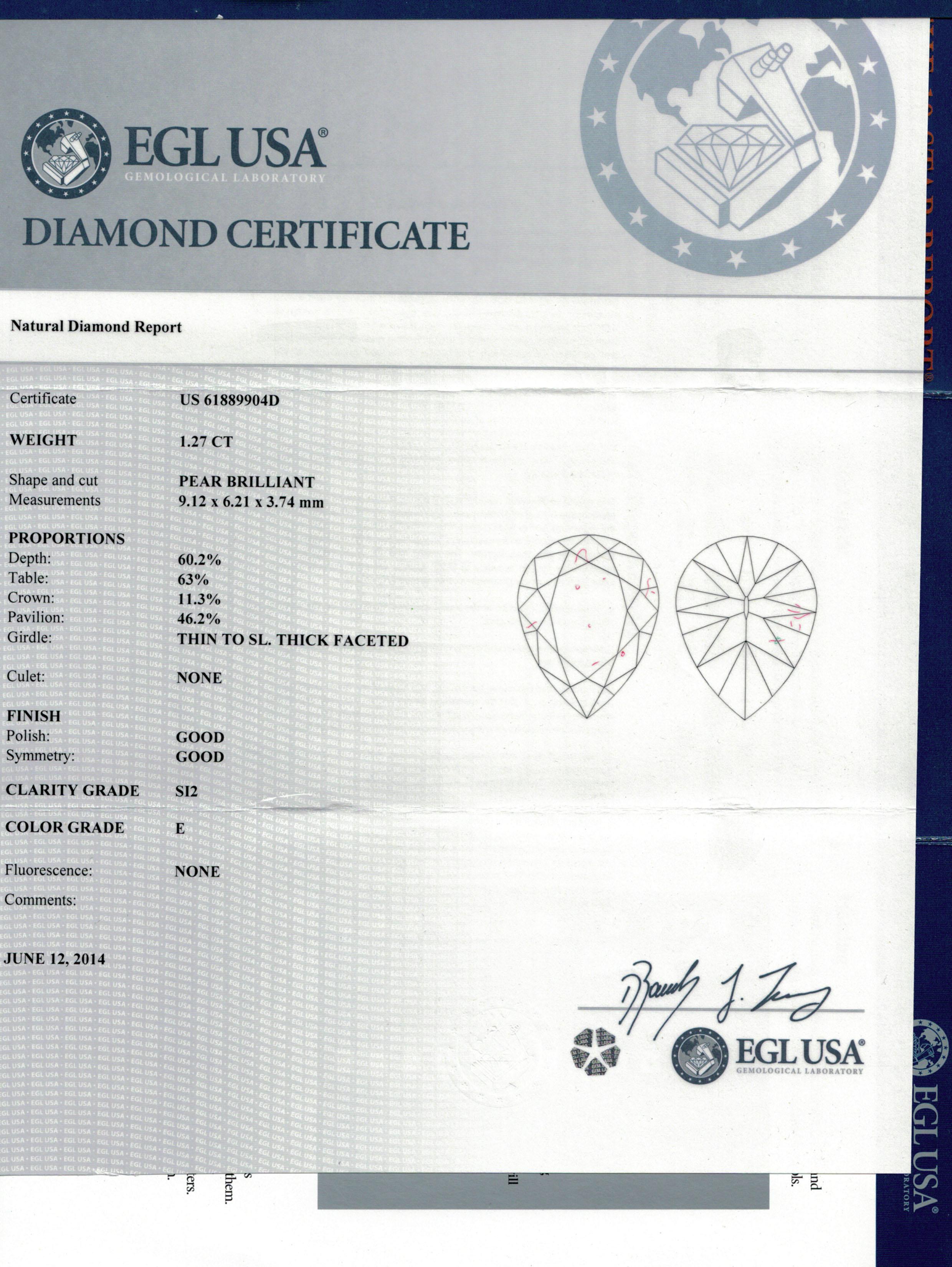 EGL Certified Platinum 1.27 Carat Brilliant Pear Cut Diamond Center Stone For Sale 1