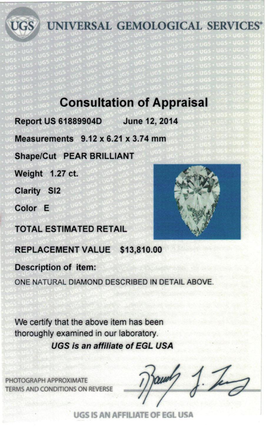 EGL Certified Platinum 1.27 Carat Brilliant Pear Cut Diamond Center Stone For Sale 2
