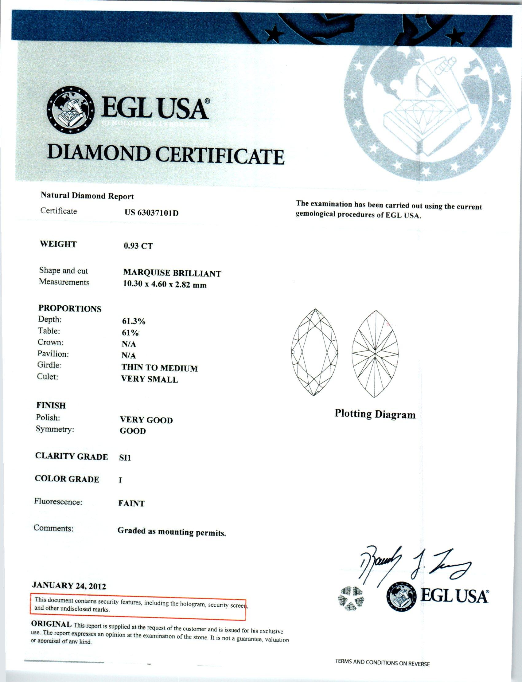 Women's EGL Certified.93 Carat Marquise Diamond Three-Stone Platinum Engagement Ring For Sale