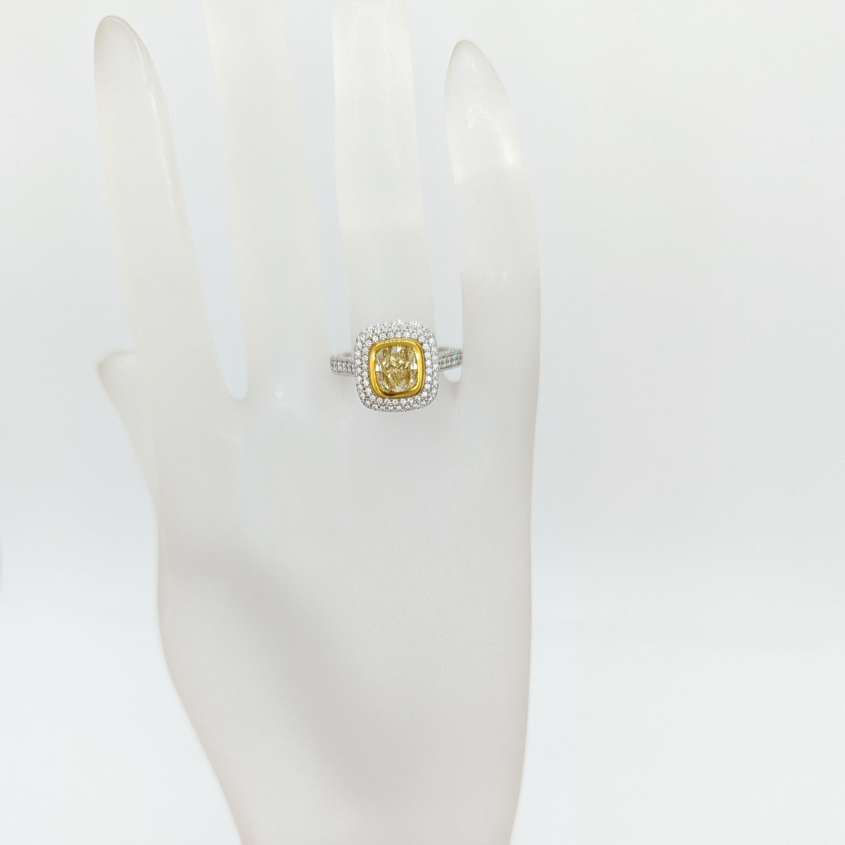 Cushion Cut EGL Fancy Yellow Cushion Diamond Ring in 18K 2 Tone Gold For Sale