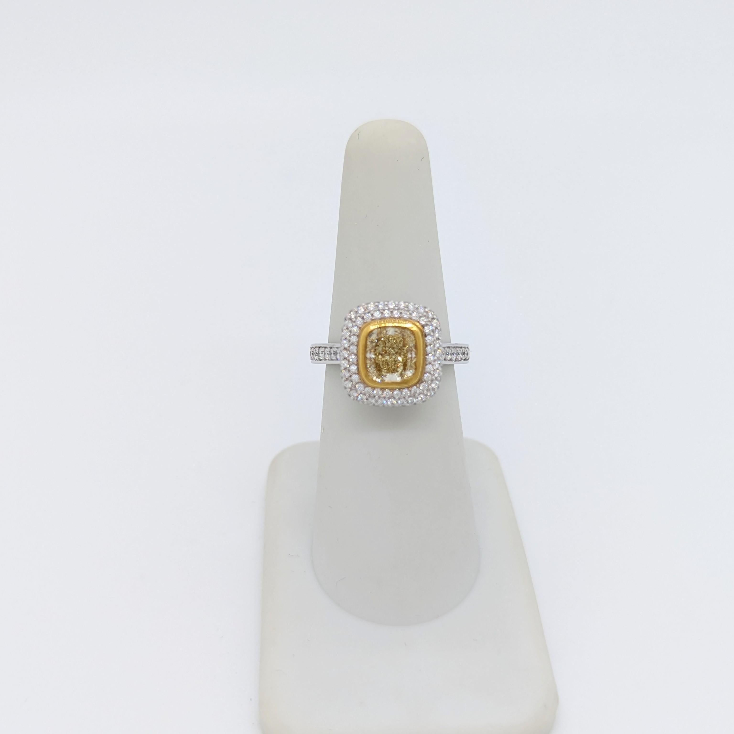 EGL Fancy Yellow Cushion Diamond Ring in 18K 2 Tone Gold In New Condition For Sale In Los Angeles, CA
