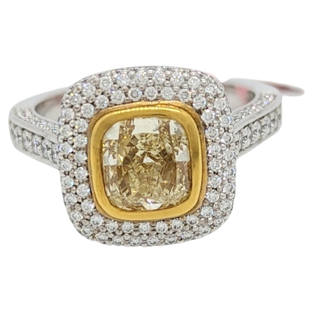 EGL Fancy Yellow Cushion Diamond Ring in 18K 2 Tone Gold For Sale