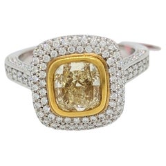 Anello con diamante a cuscino giallo EGL Fancy in oro 18 carati a 2 toni