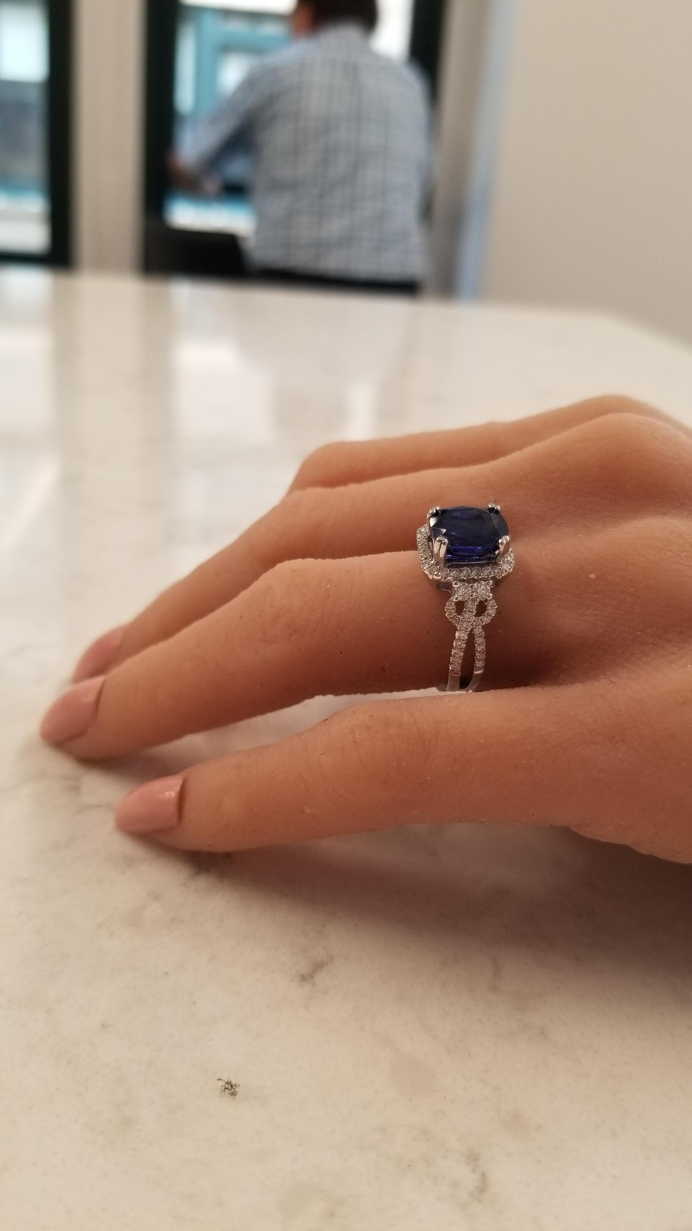EGL Gem Lab Certified Cushion Cut Blue Sapphire & Diamond Cocktail Ring In 18k In New Condition In Chicago, IL