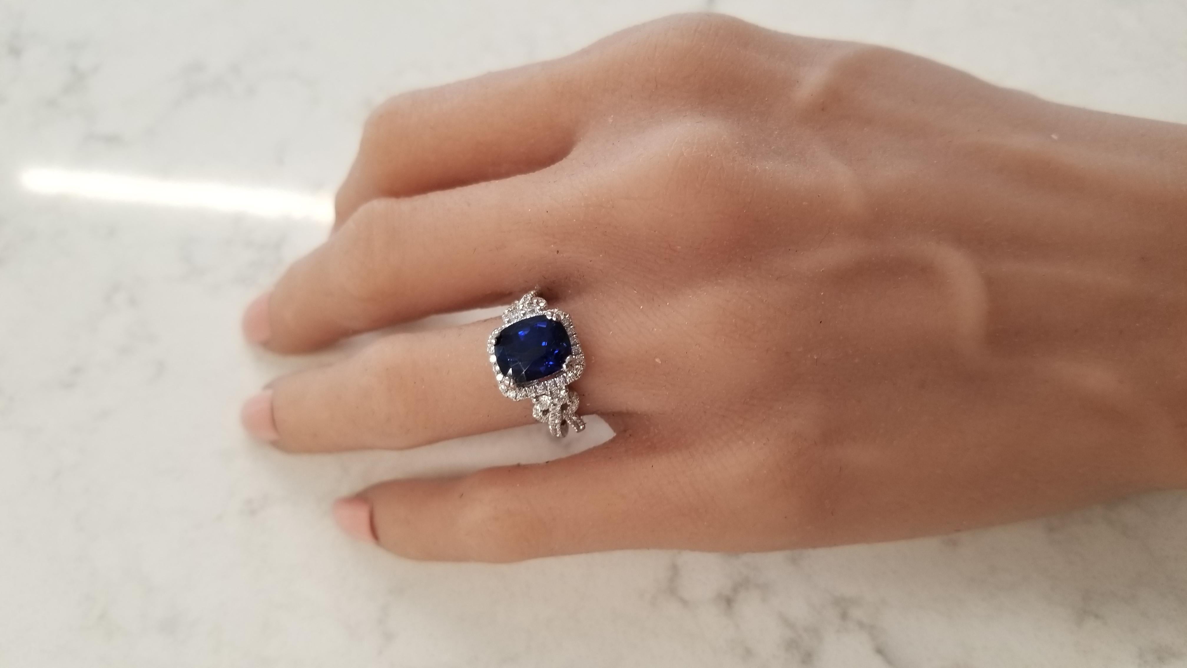 EGL Gem Lab Certified Cushion Cut Blue Sapphire & Diamond Cocktail Ring In 18k 2