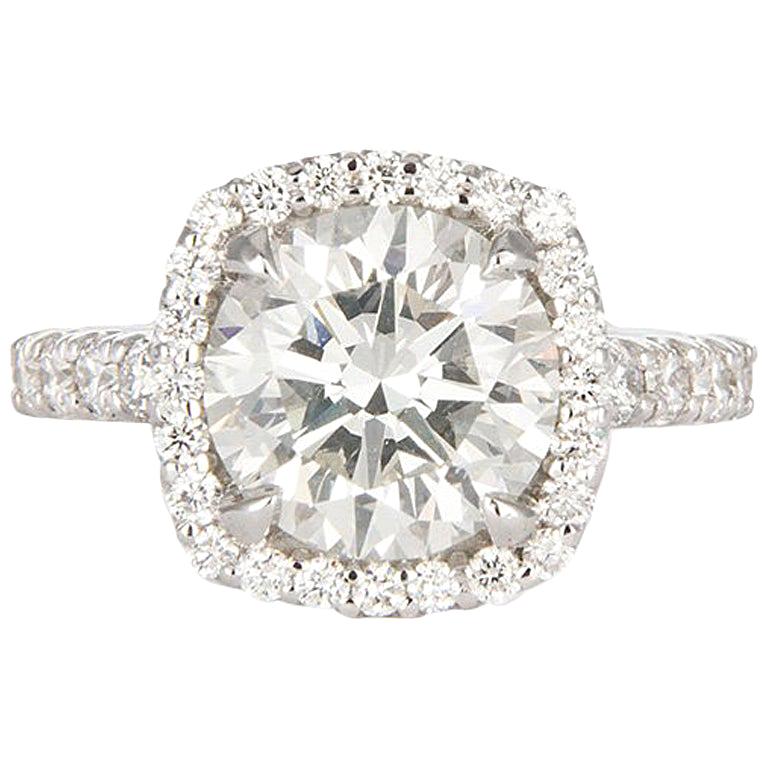 EGL Hearts and Arrows 18 Karat White Gold and Diamond Halo Ring 4.00