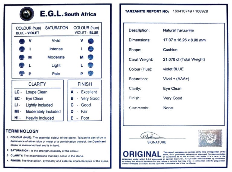 Women's or Men's EGL South Africa Certified 21 Carat Tanzanite Ring For Sale