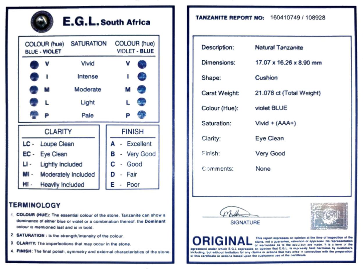 Cushion Cut EGL South Africa Certified 21 Carat Violet Blue Tanzanite 18K Rose Gold Ring For Sale