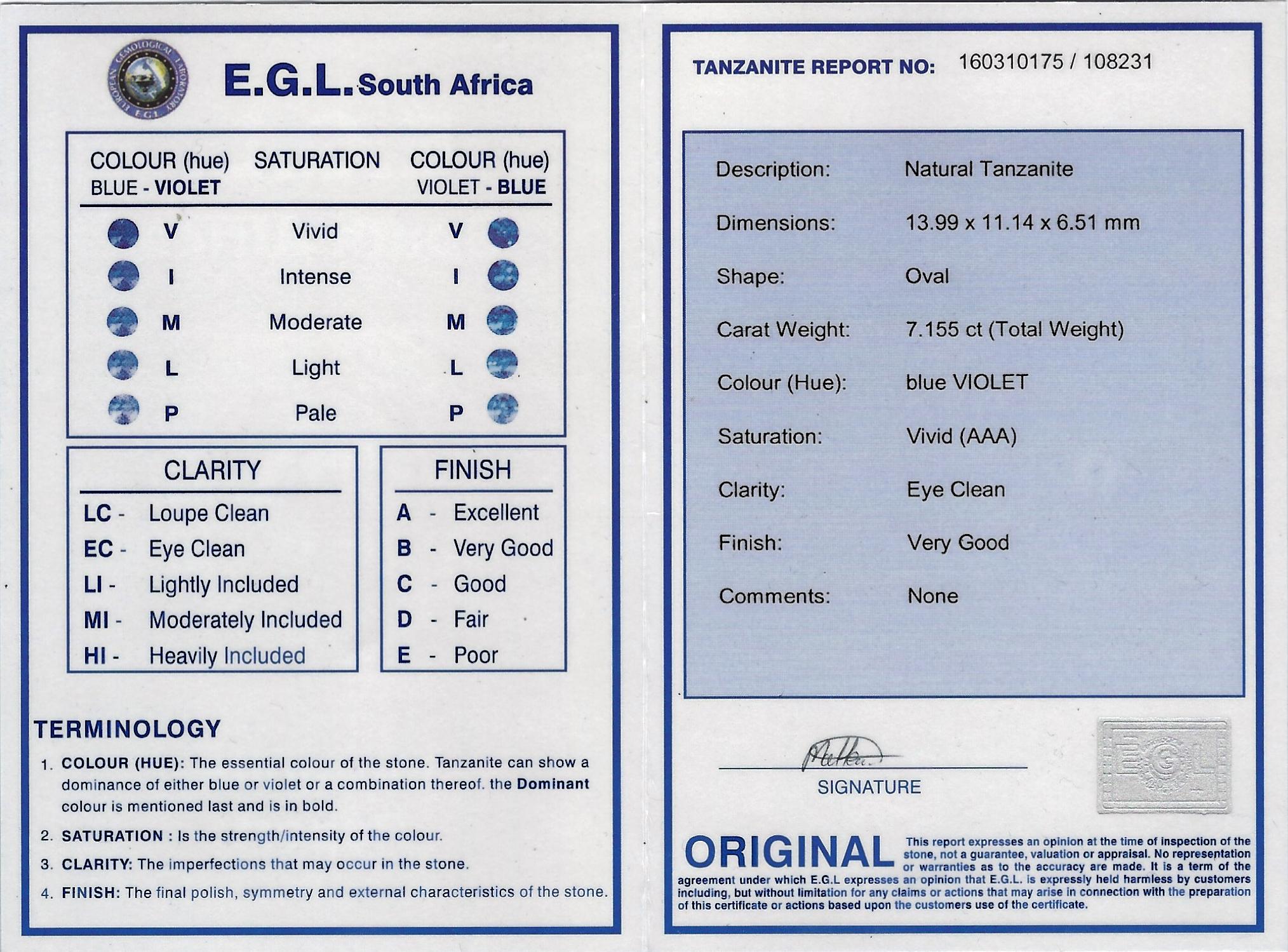 EGL Südafrikanischer zertifizierter 7 Karat Blau- Violett-Tansanit 18 Karat Goldring im Angebot 2