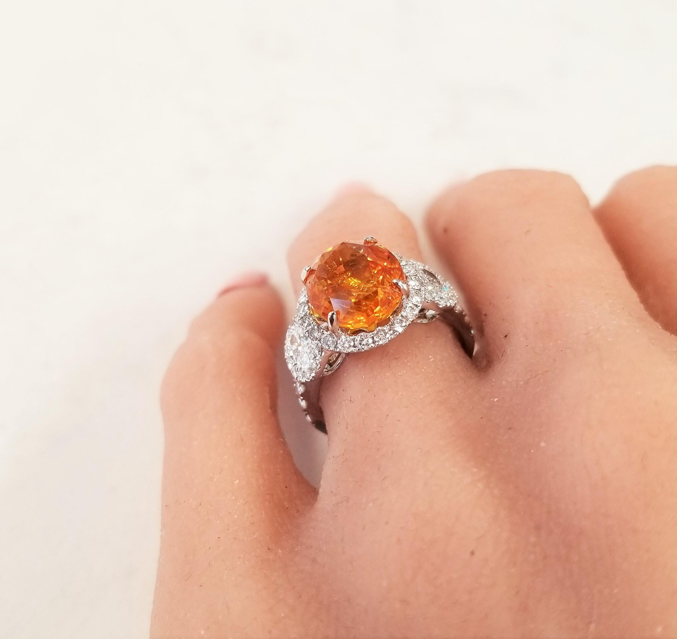 EGL Sri Lanka Certified 6.60 Carat Oval Orange Sapphire & Diamond Cocktail Ring In New Condition In Chicago, IL