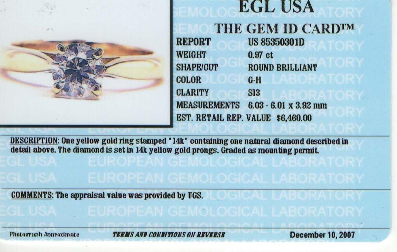 EGL US 0,97 Karat G-H/SI3 runder Brillant Diamant 14 Karat Solitär Ring Damen im Angebot