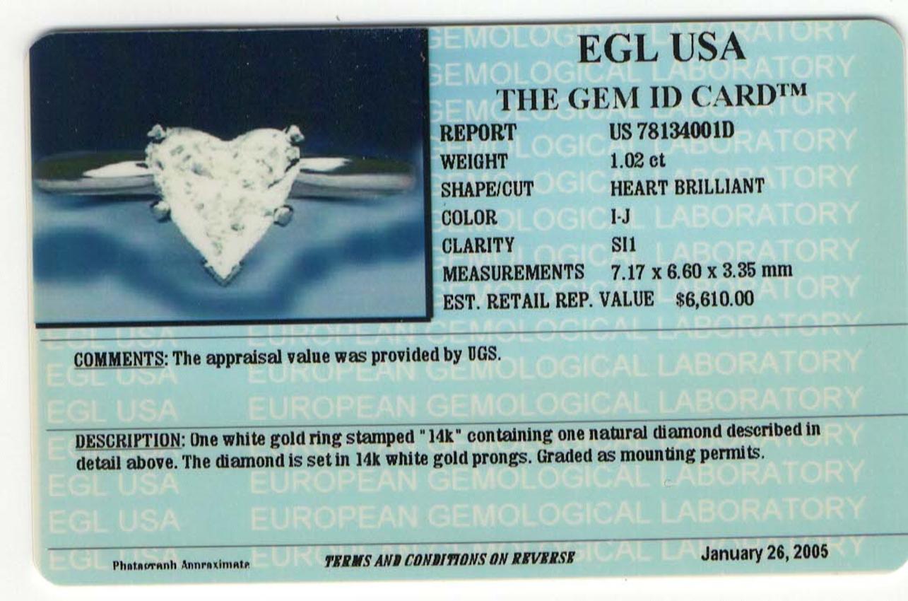 EGL US 1.02 Carat I-J/SI1 Heart Brilliant Diamond 14 Karat Solitaire Ring Neuf à Los Angeles, CA
