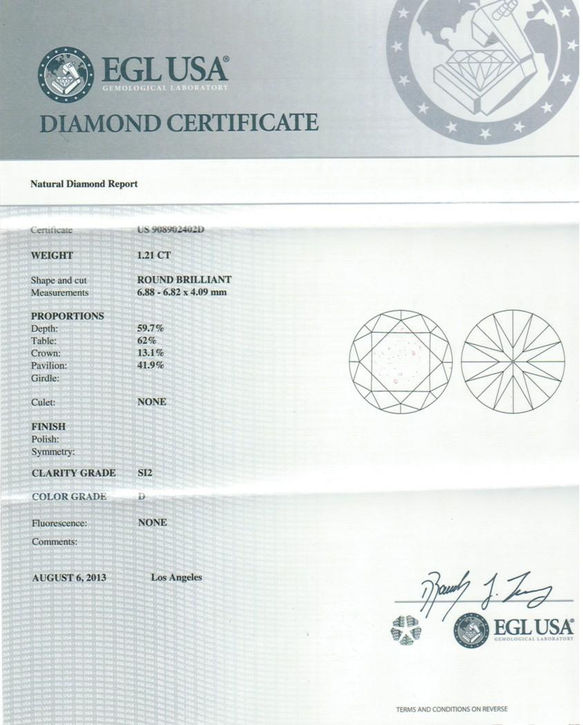  Bague solitaire en or 14 carats avec diamant rond brillant de 1,21 carat D/SI2 certifié EGL US Pour femmes 