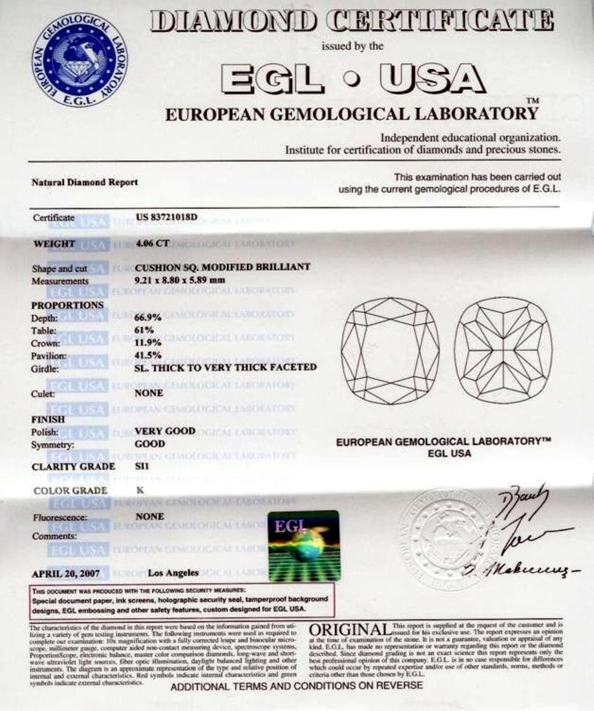 EGL US 4.06 Carat K/SI1 Cushion Platinum Pave Set Diamond Ring with Halo 1