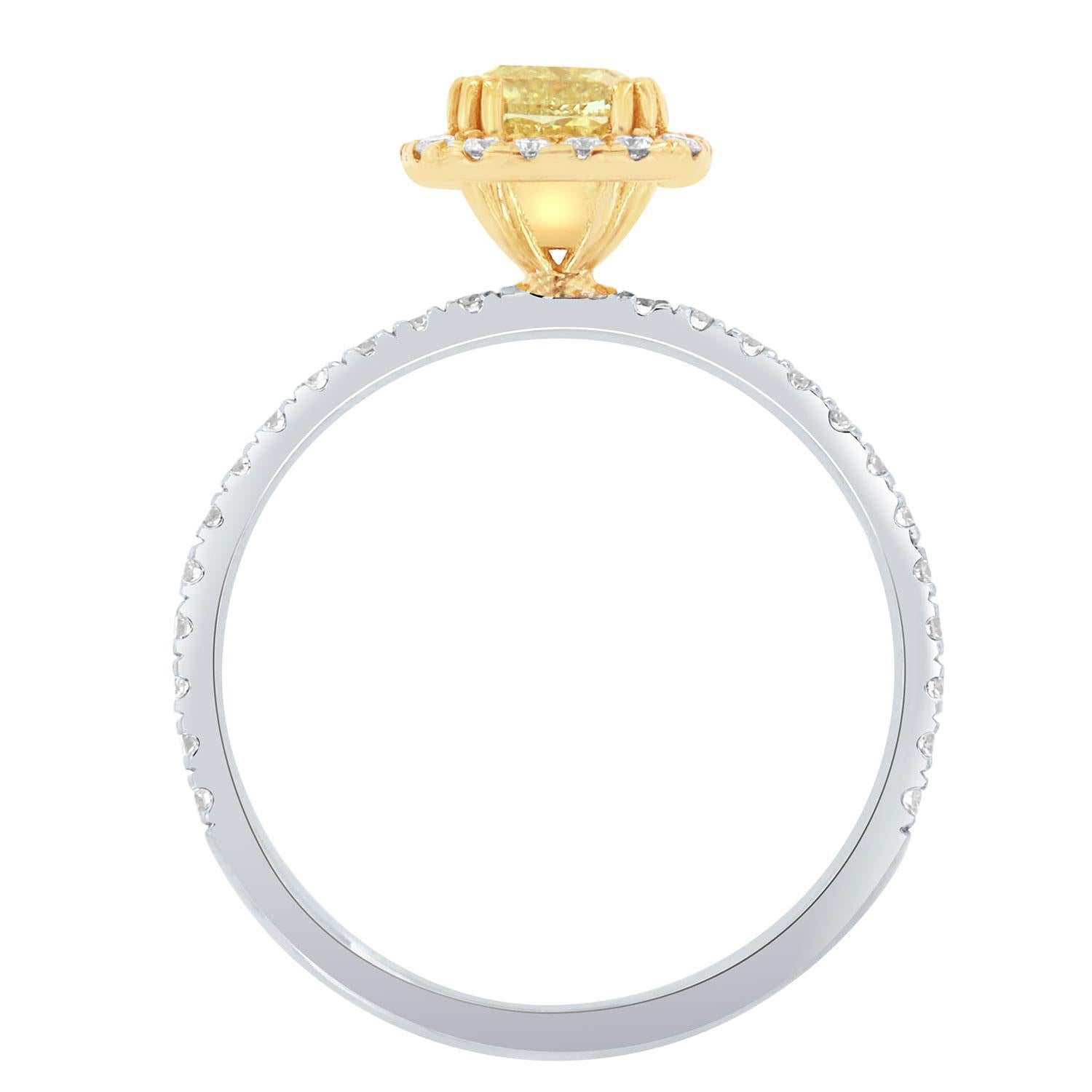 EGL USA 0.83 Carat Cushion Yellow 18K White & Yellow Gold Halo Diamond Ring In New Condition For Sale In San Francisco, CA