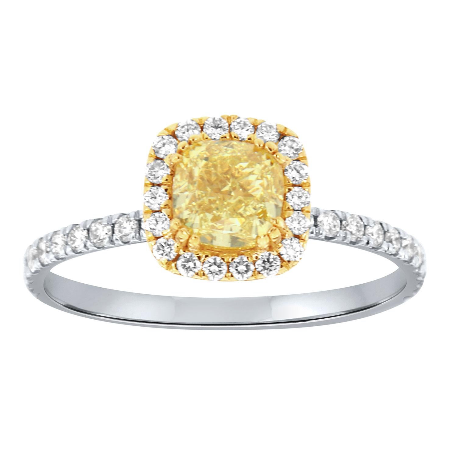 EGL USA 0.83 Carat Cushion Yellow 18K White & Yellow Gold Halo Diamond Ring For Sale