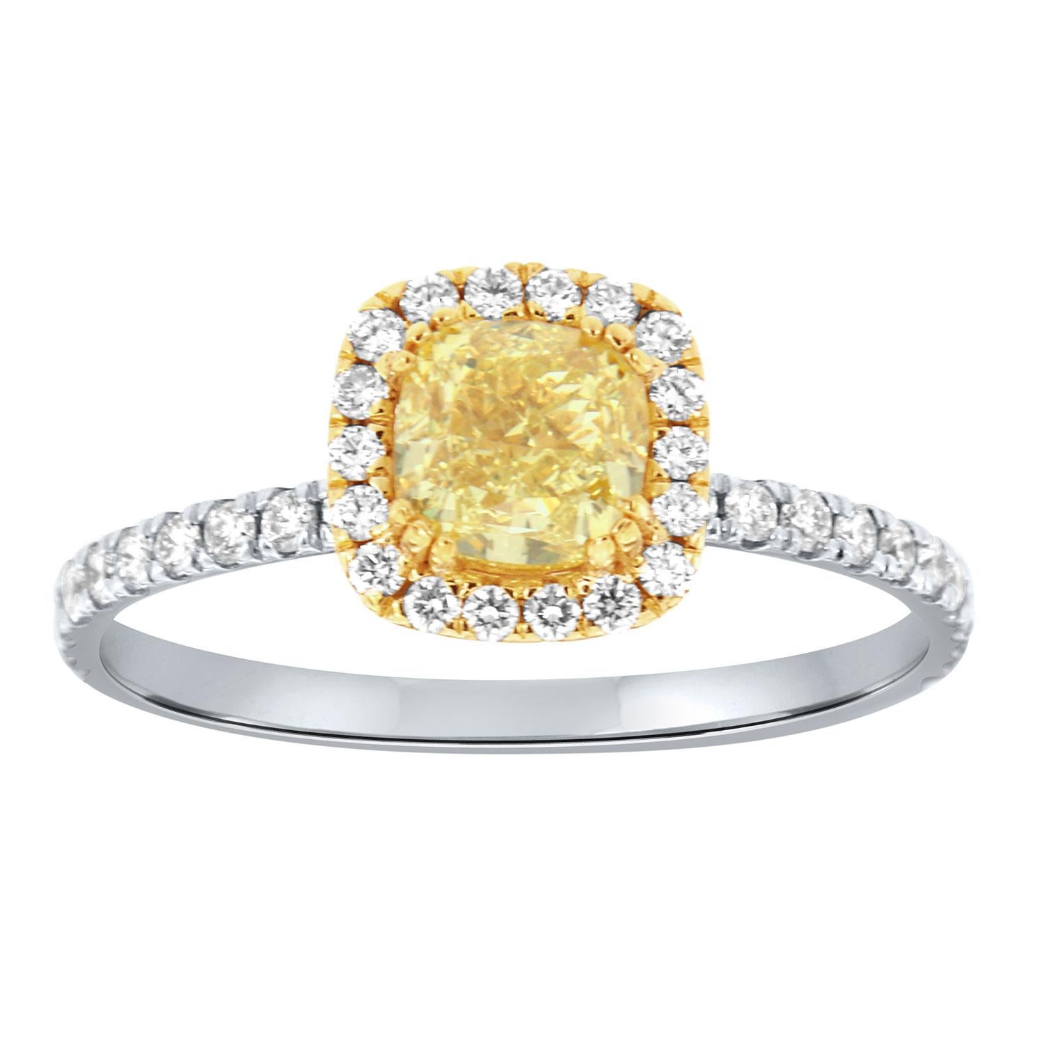 EGL USA 0.83 Carat Cushion Yellow 18K White & Yellow Gold Halo Diamond Ring