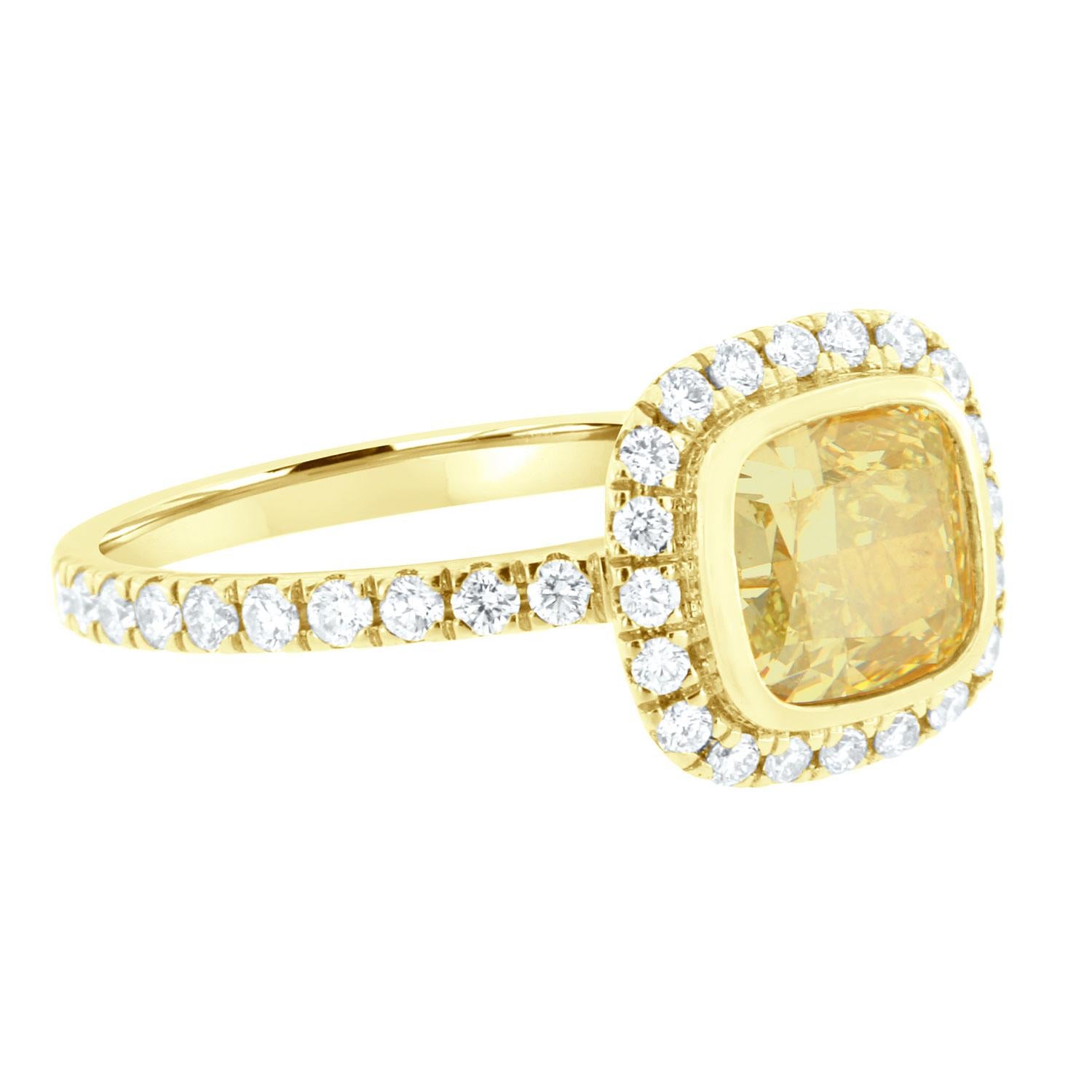 Cushion Cut EGL USA 1.52 Carat Elongated Cushion Yellow Diamond Halo 18K Yellow Gold Ring For Sale