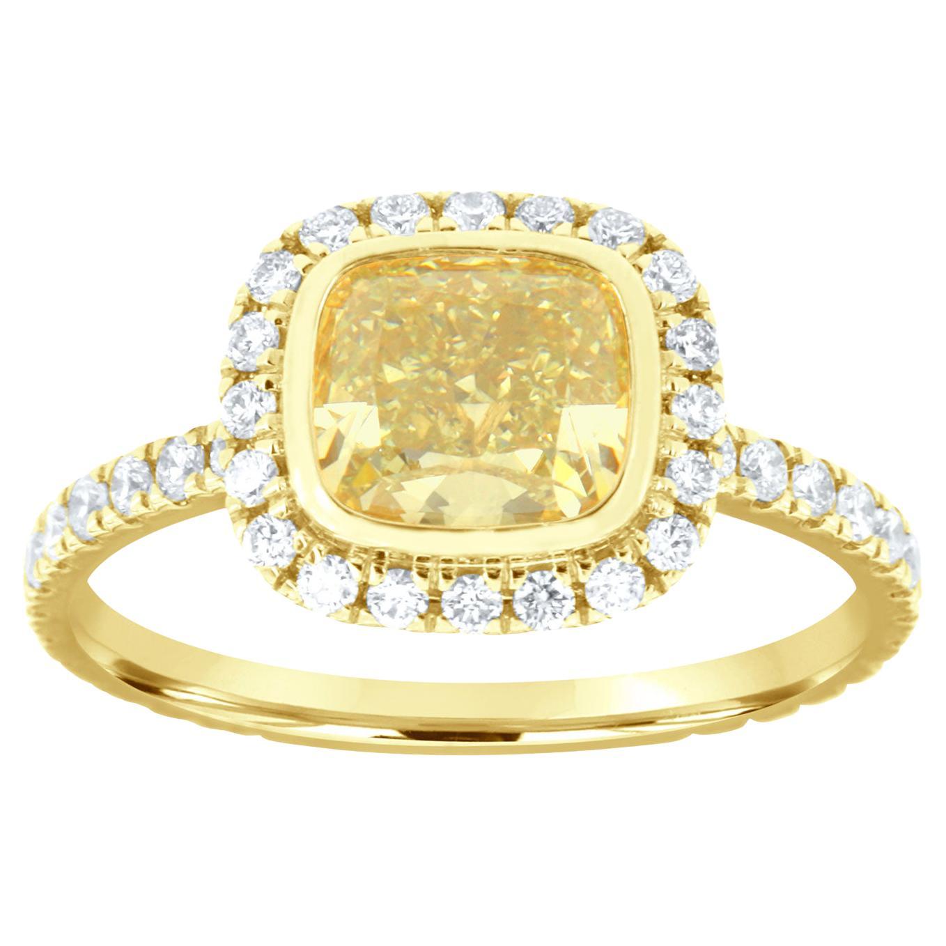 EGL USA 1.52 Carat Elongated Cushion Yellow Diamond Halo 18K Yellow Gold Ring