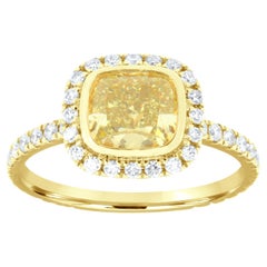 EGL USA 1.52 Carat Elongated Cushion Yellow Diamond Halo 18K Yellow Gold Ring