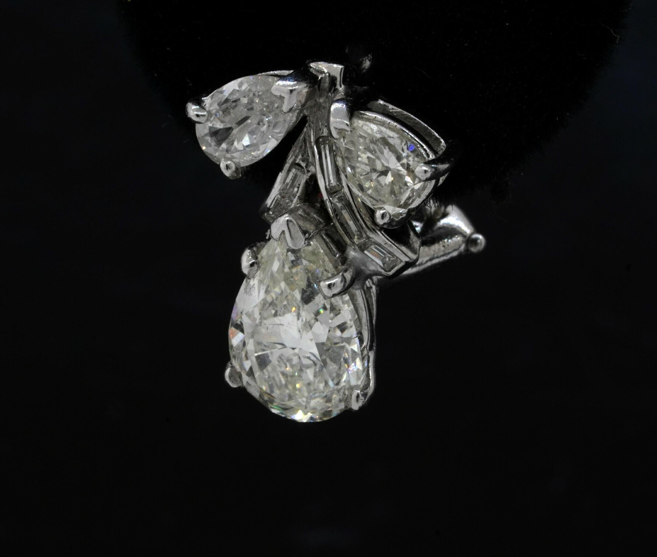 Women's EGL USA 1950s Platinum 4.54CT VS-SI Pear Diamond Earrings w/ Approx. 1.5CT Ctrs. For Sale