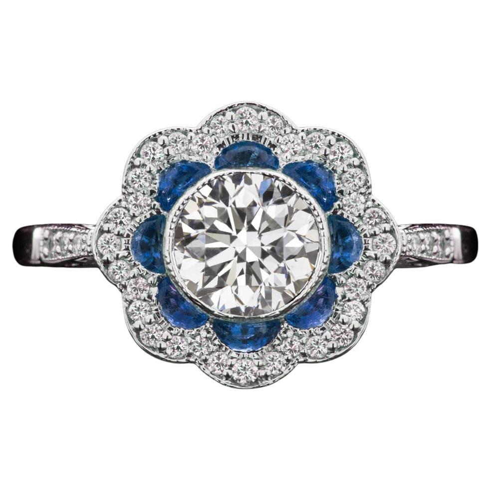 EGL-USA Certified 0.91 Carat Vintage Style 14K White Gold Diamond and Sapphire H