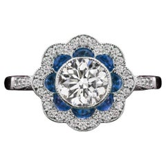 EGL-USA Certified 0.91 Carat Vintage Style 14K White Gold Diamond and Sapphire H
