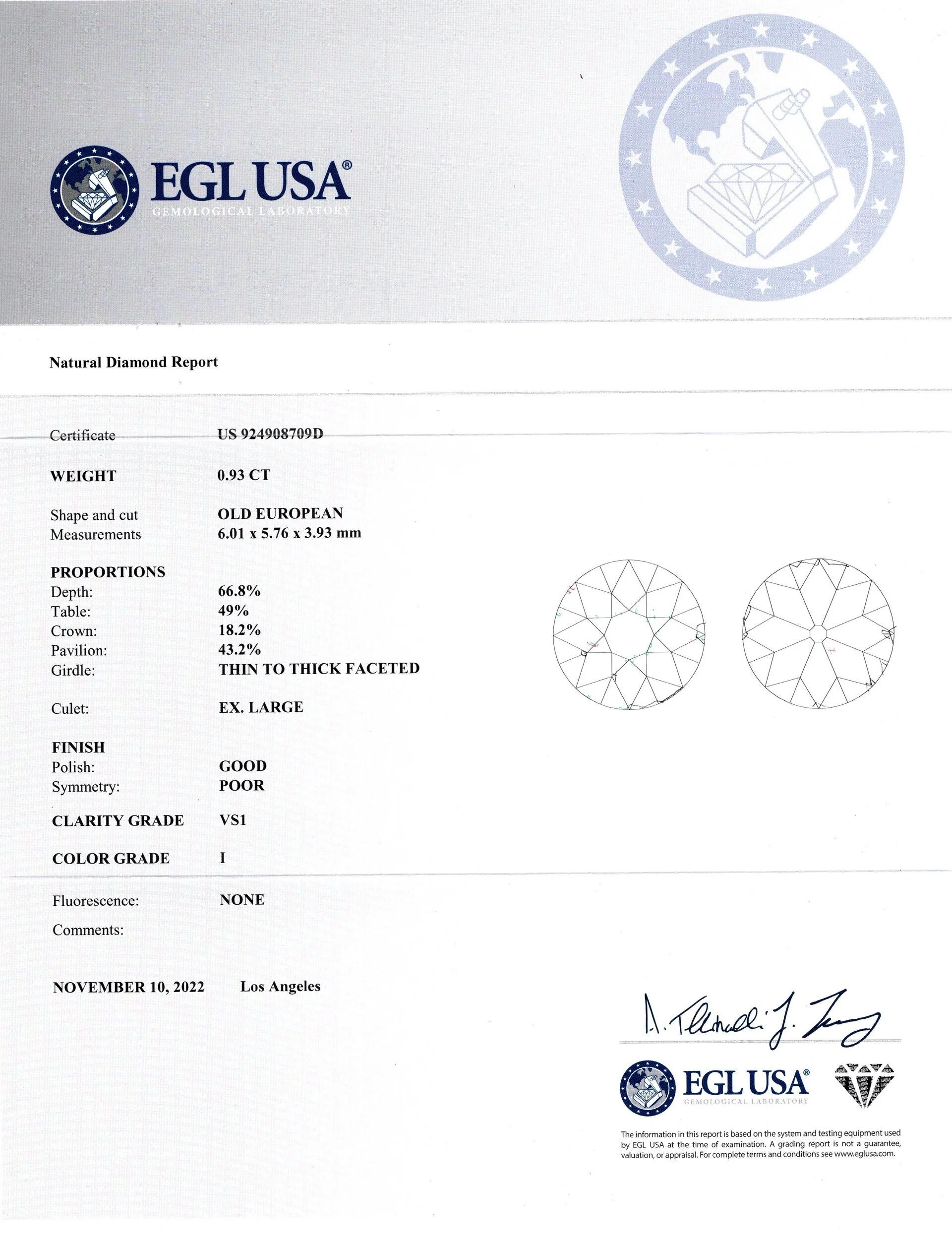 Art Déco Solitario floreale in platino con diamante vecchio taglio europeo certificato EGL-USA da 0,93 carati in vendita