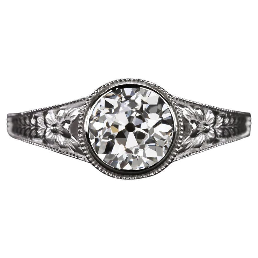 EGL-USA Certified 0.93 Carat Old European Cut Diamond Platinum Floral Solitaire