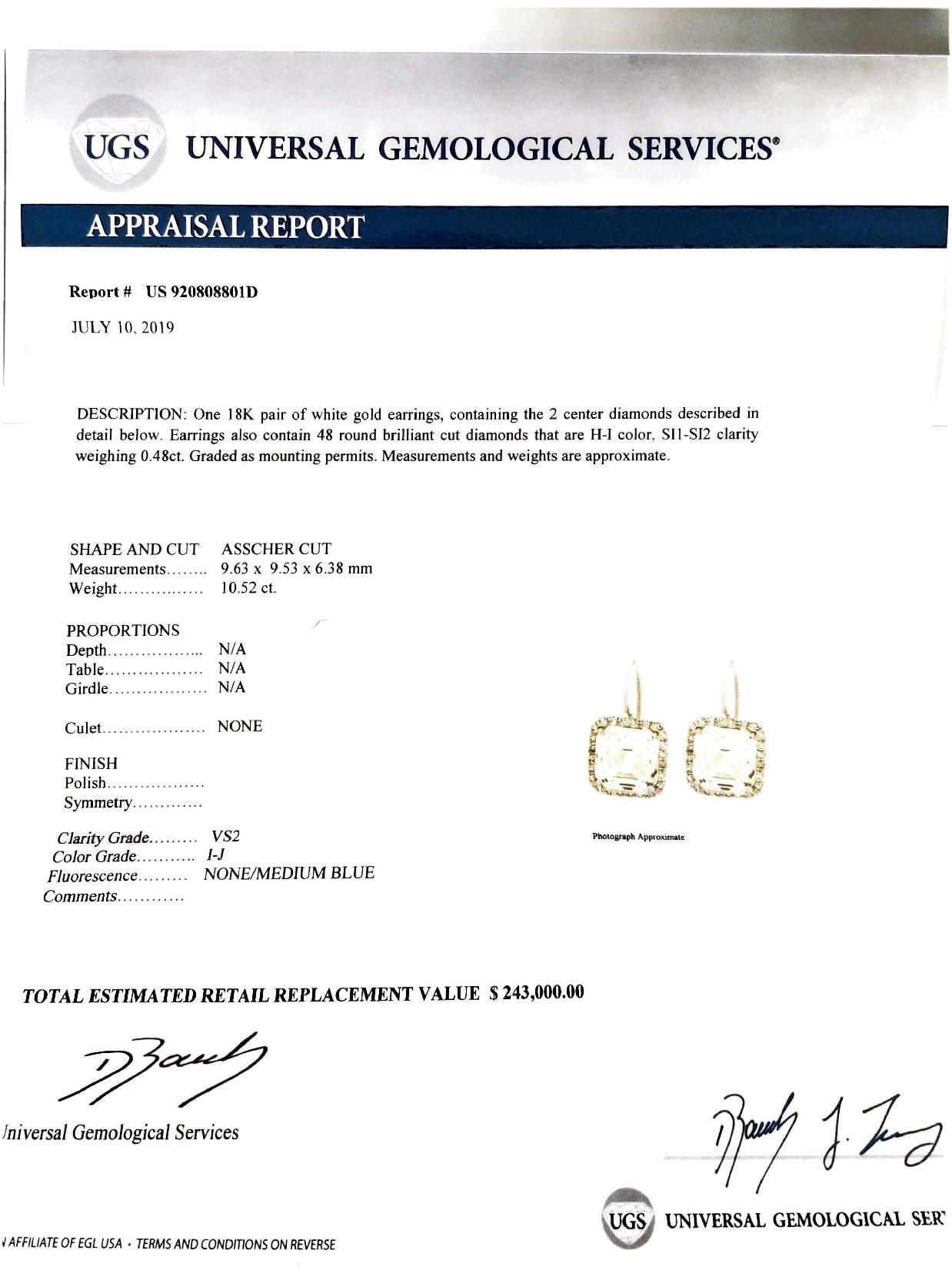 EGL USA Certified 10.04 Carat Total Square Emerald Cut Diamond Earrings in 18 K In New Condition For Sale In Chicago, IL