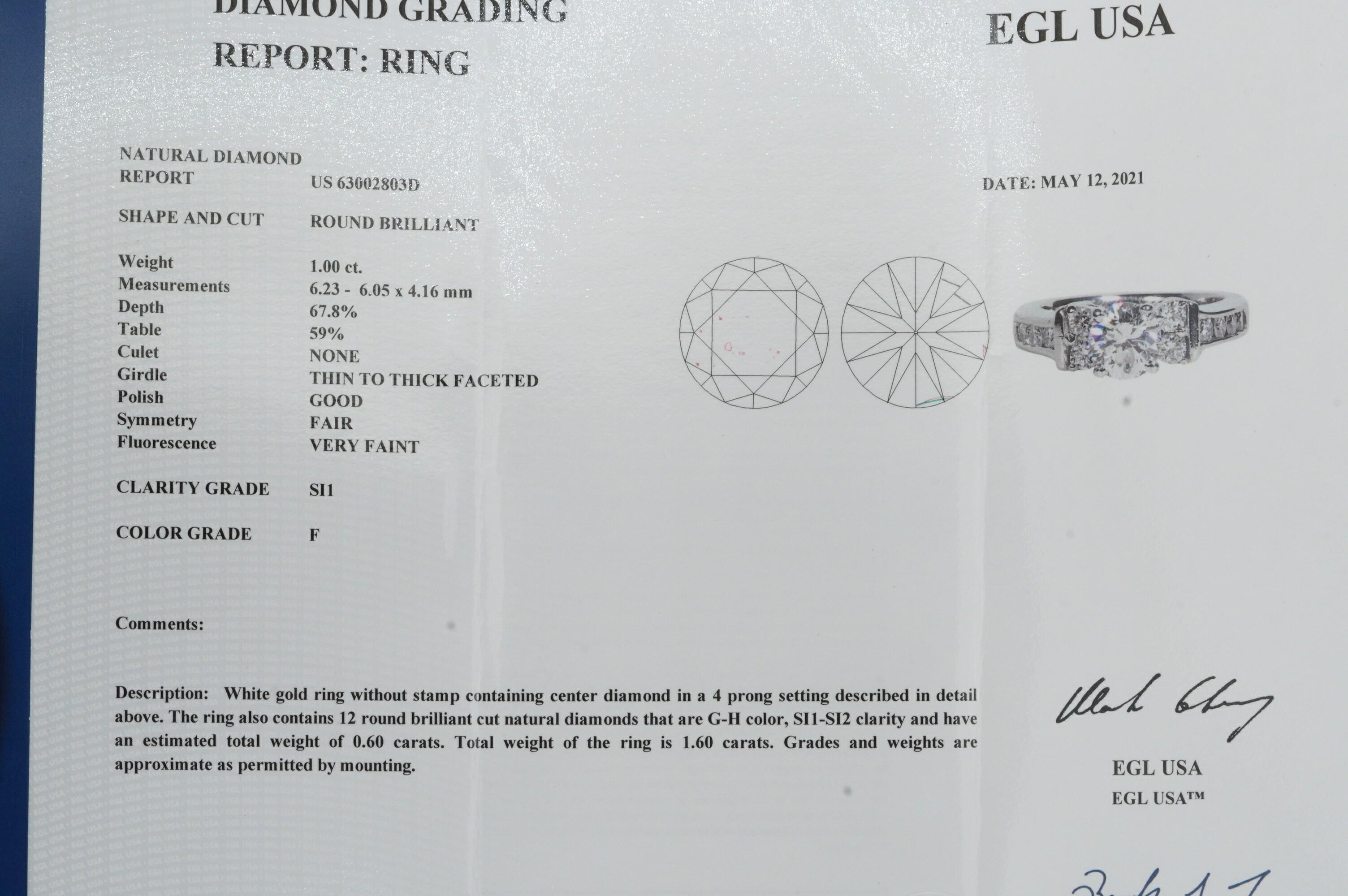 Women's EGL USA Certified 14K White Gold 1.60CT Diamond Engagement Ring For Sale