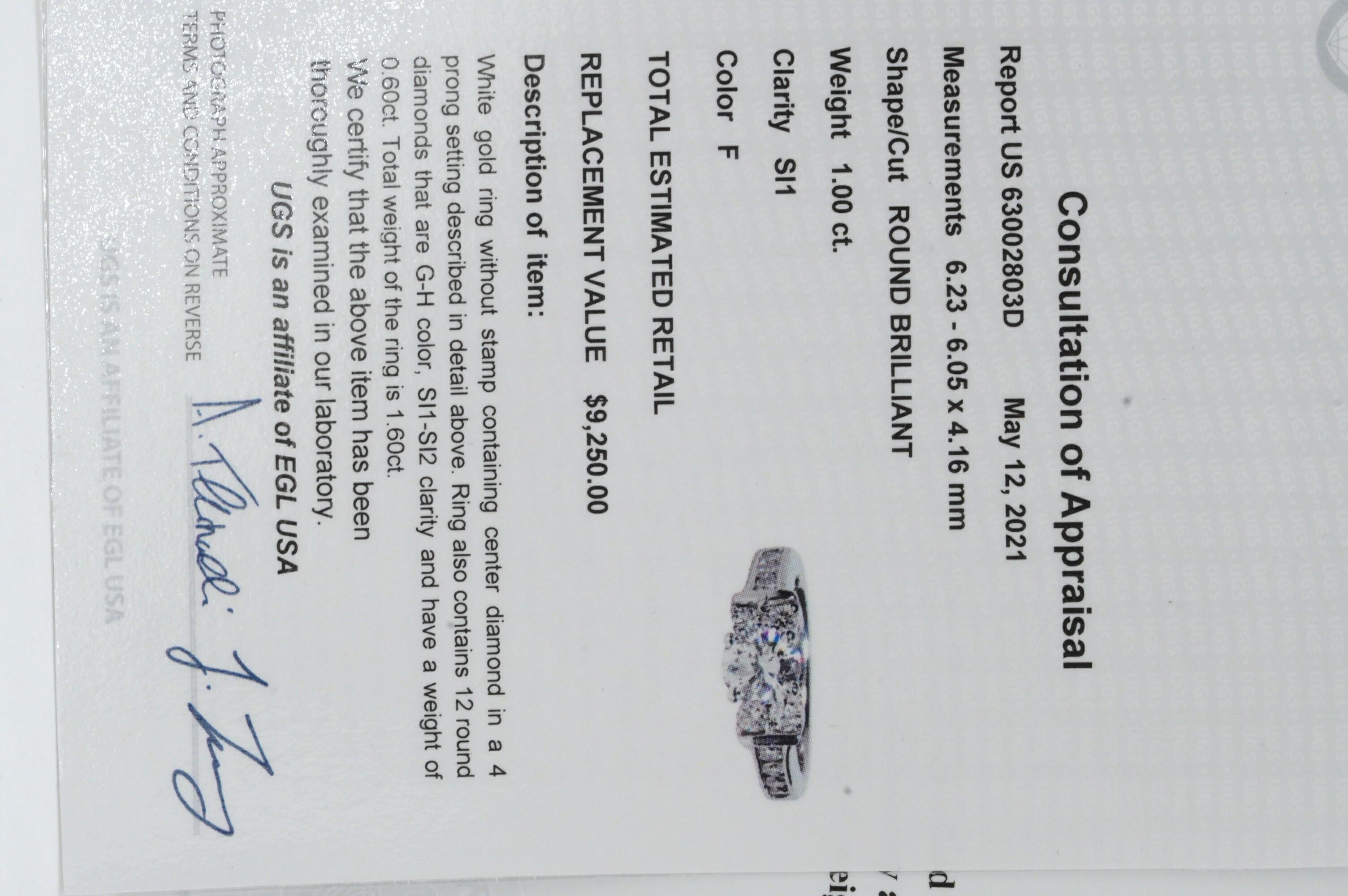 EGL USA Certified 14K White Gold 1.60CT Diamond Engagement Ring For Sale 2